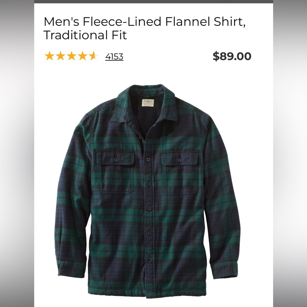 LL Bean Fleece Lined Flannel Shirt, Traditional Fit, Black Watch, Large Tall